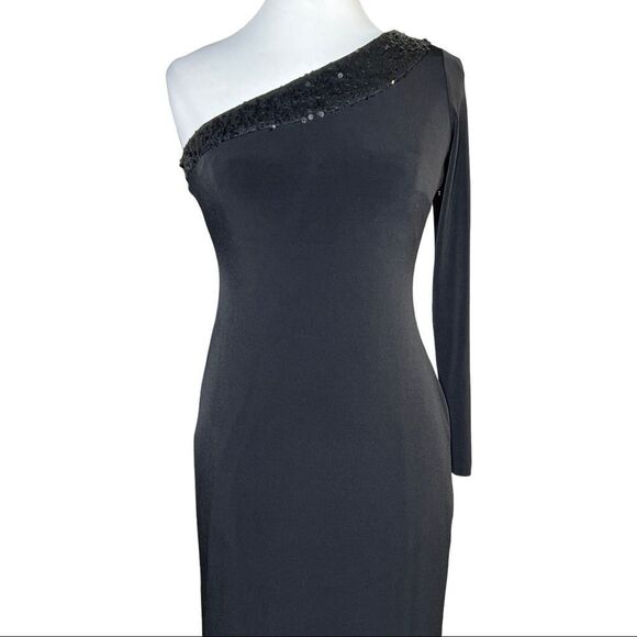 Calvin klein One Shoulder Single Sleeve Sexy Sequin Trim Floor Length Dress Gown - Picture 2 of 11